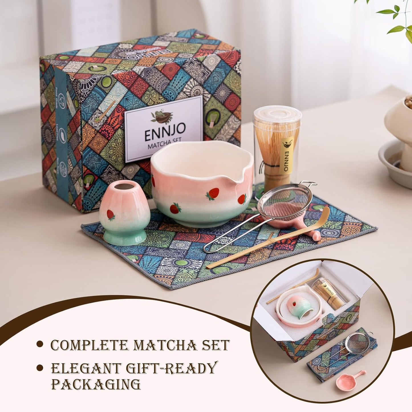 Set Matcha 550ml Fraise Rouge Pétale Bol Floral