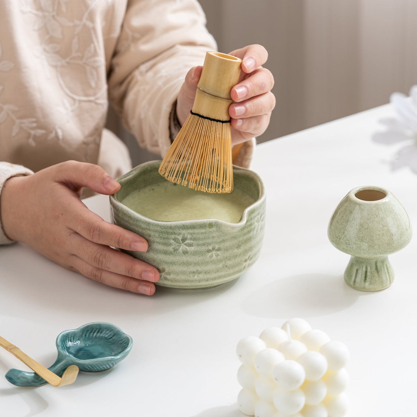 Set de matcha 450ml vert fleuré