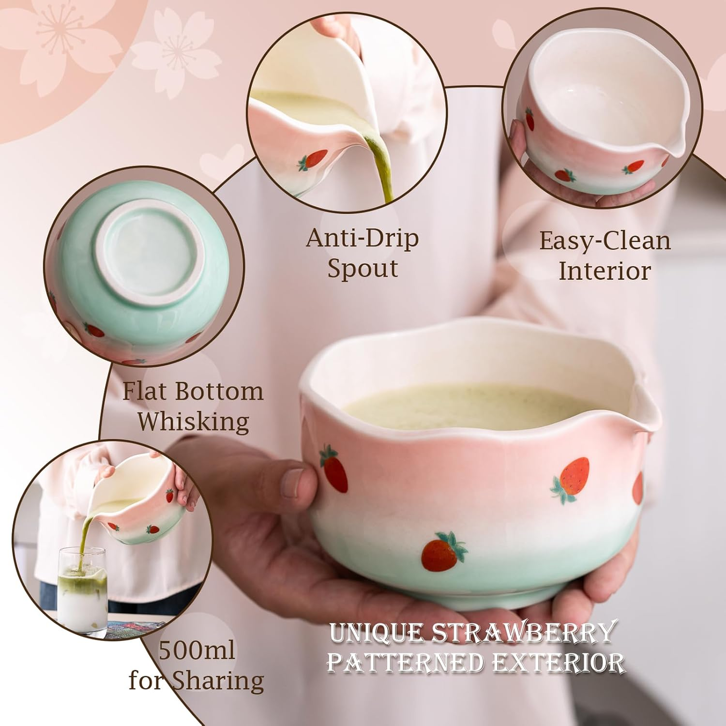 Set Matcha 550ml Fraise Rouge Pétale Bol Floral