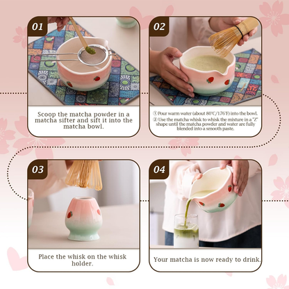 Set Matcha 550ml Fraise Rouge Pétale Bol Floral