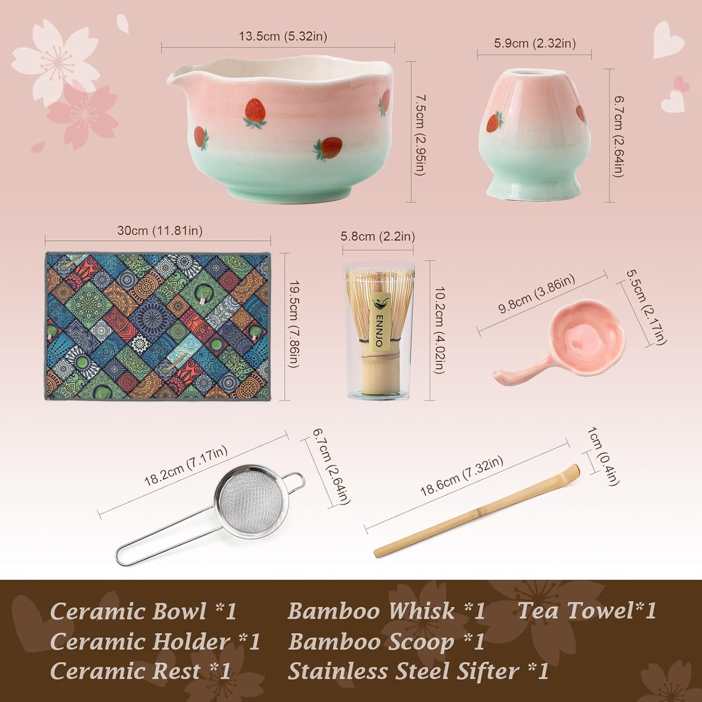 Set Matcha 550ml Fraise Rouge Pétale Bol Floral
