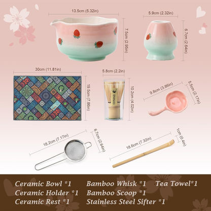 Set Matcha 550ml Fraise Rouge Pétale Bol Floral