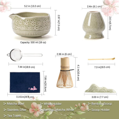 Set Matcha Sakura Vert Moucheté Fleur Cerisier