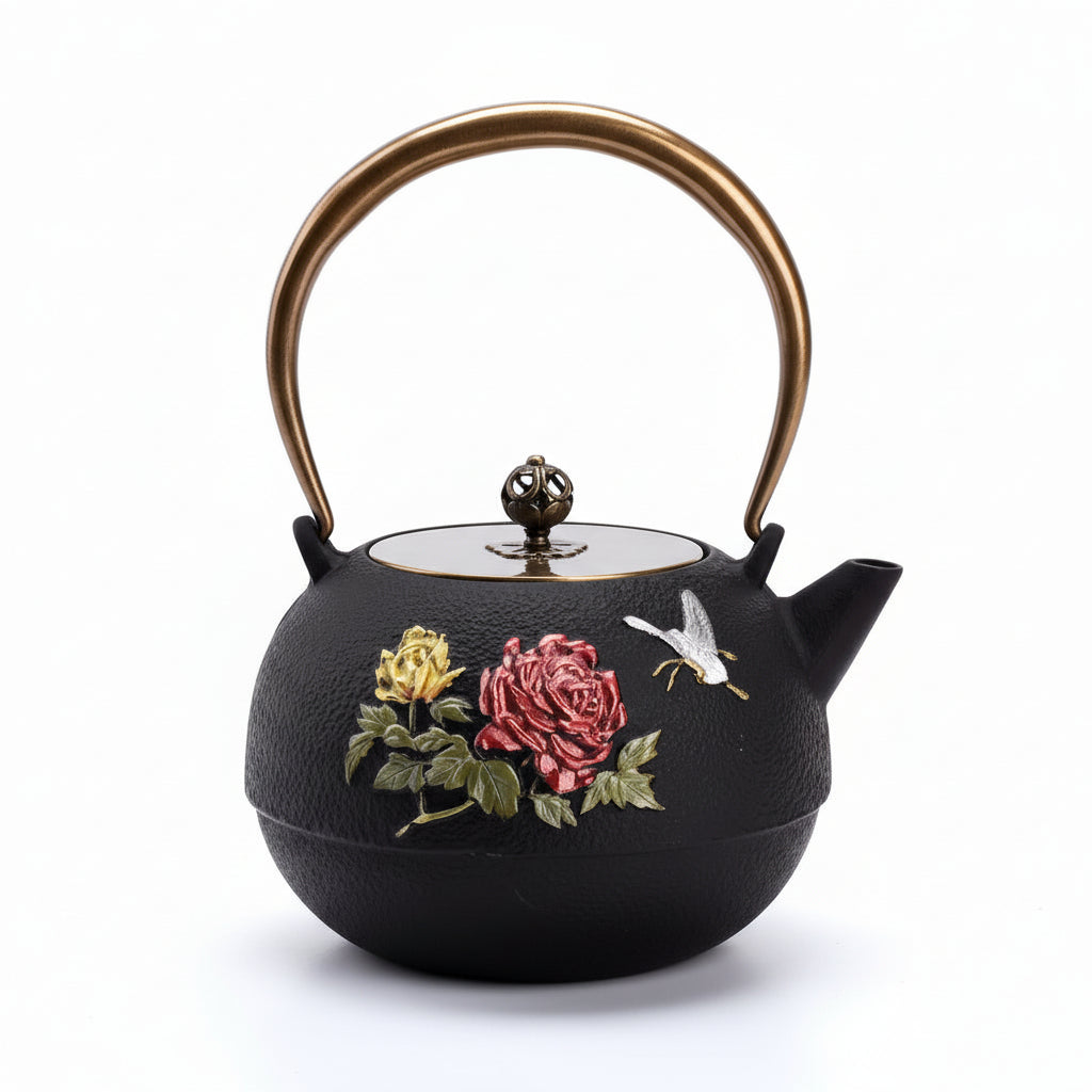 THÉIÈRE EN FONTE  ROSE COLORÉE