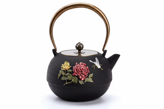 THÉIÈRE EN FONTE  ROSE COLORÉE