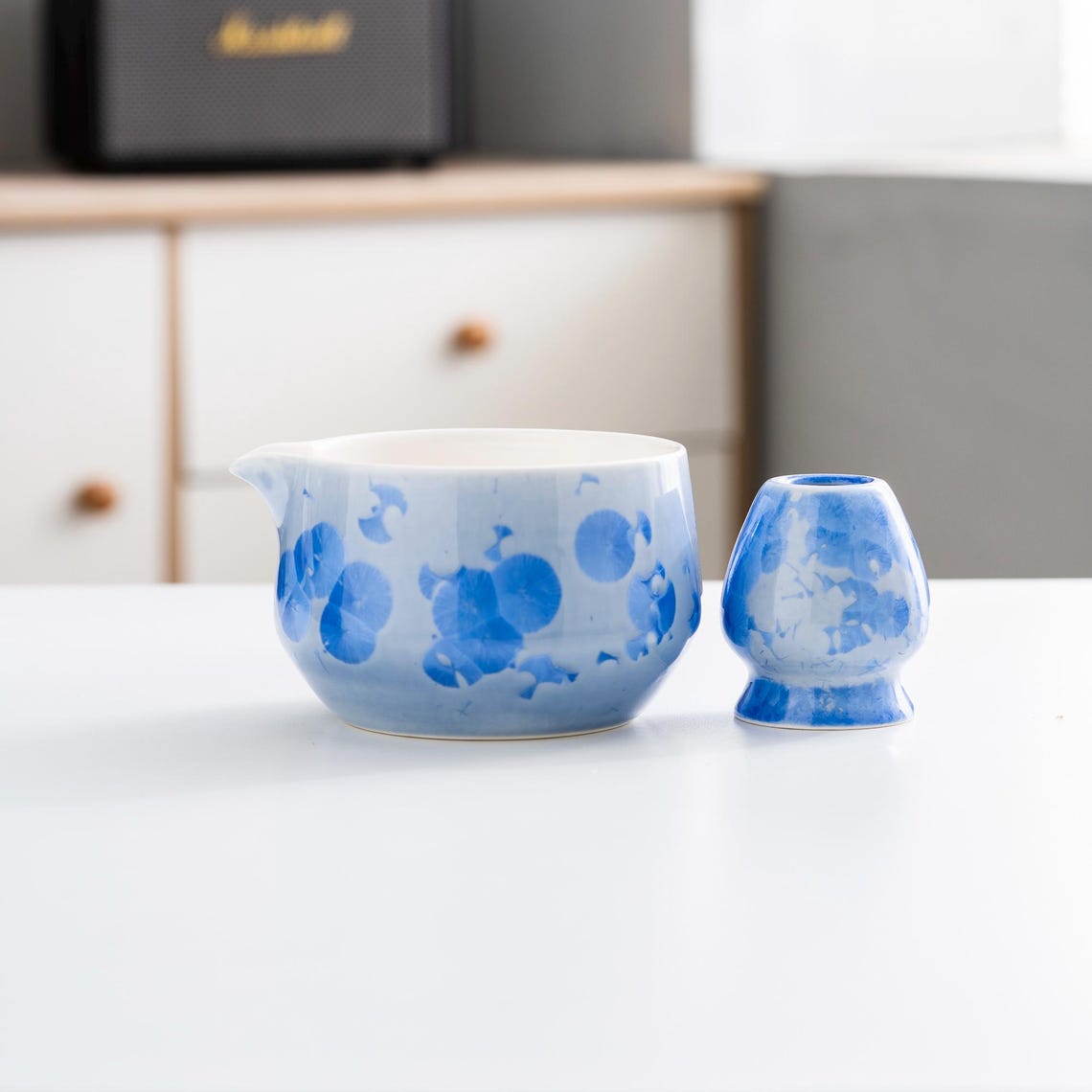 Set de Matcha cristale 550ml Fleur bleue artisanale