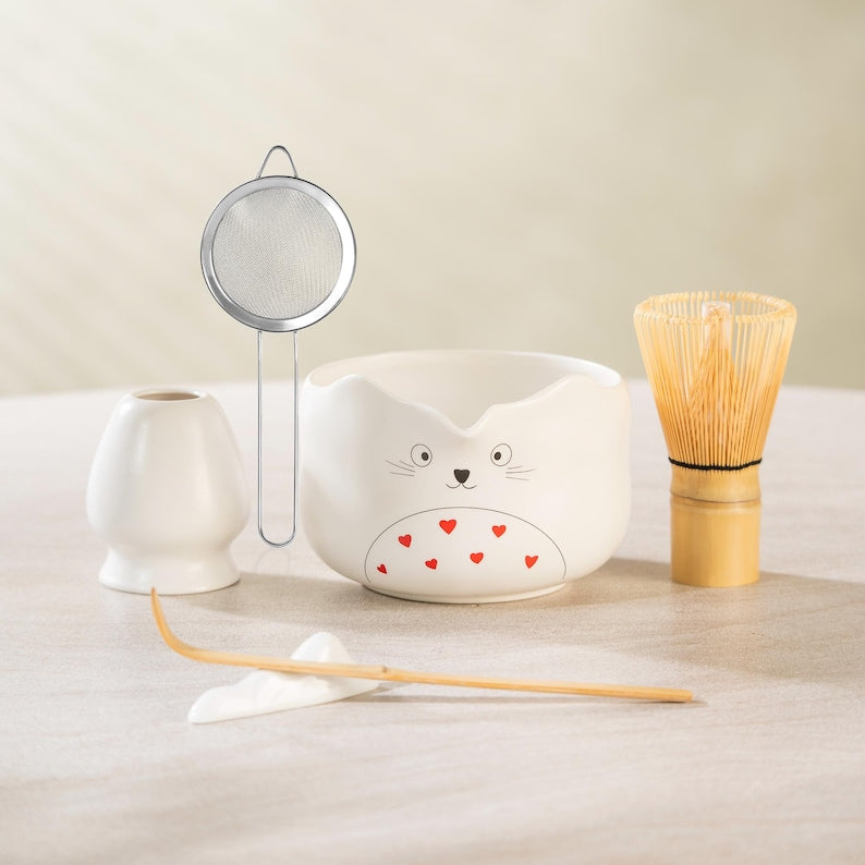 Set Matcha 600ml Bol Spout Céramique Blanc Beige