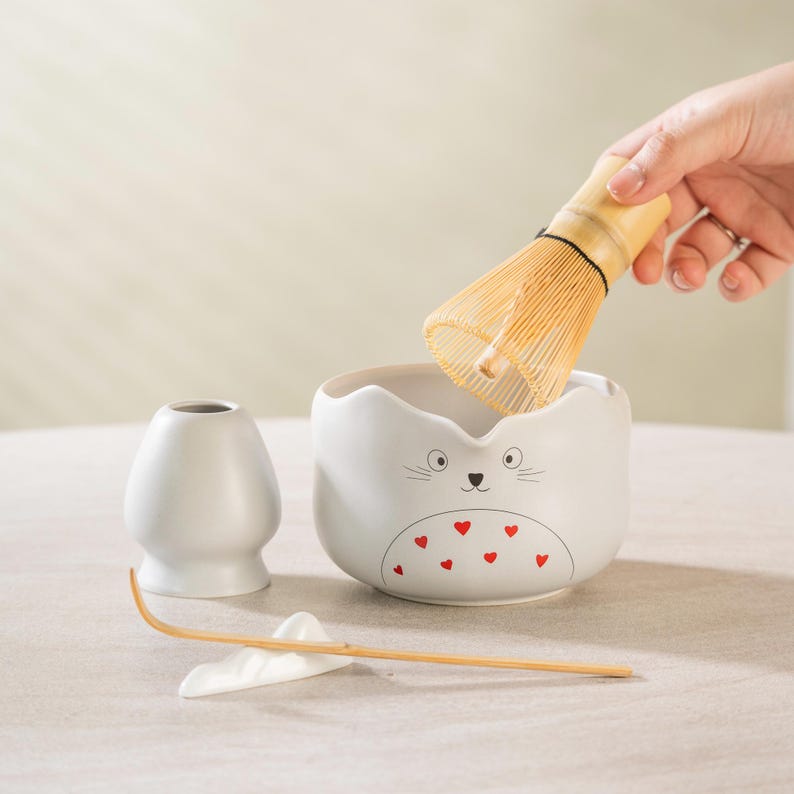 Set Matcha 600ml Bol Spout Céramique Blanc Beige