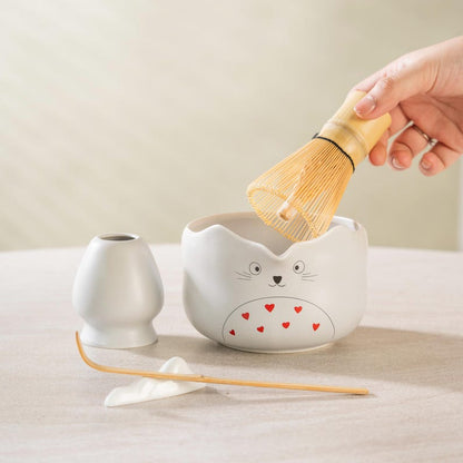 Set Matcha 600ml Bol Spout Céramique Blanc Beige