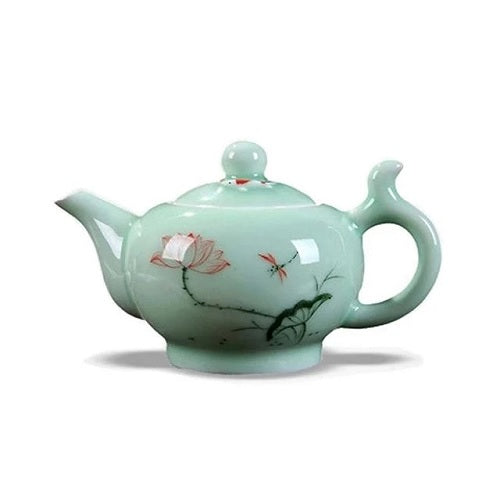 théière chinoise en porcelaine bleu turquoise vue de coté